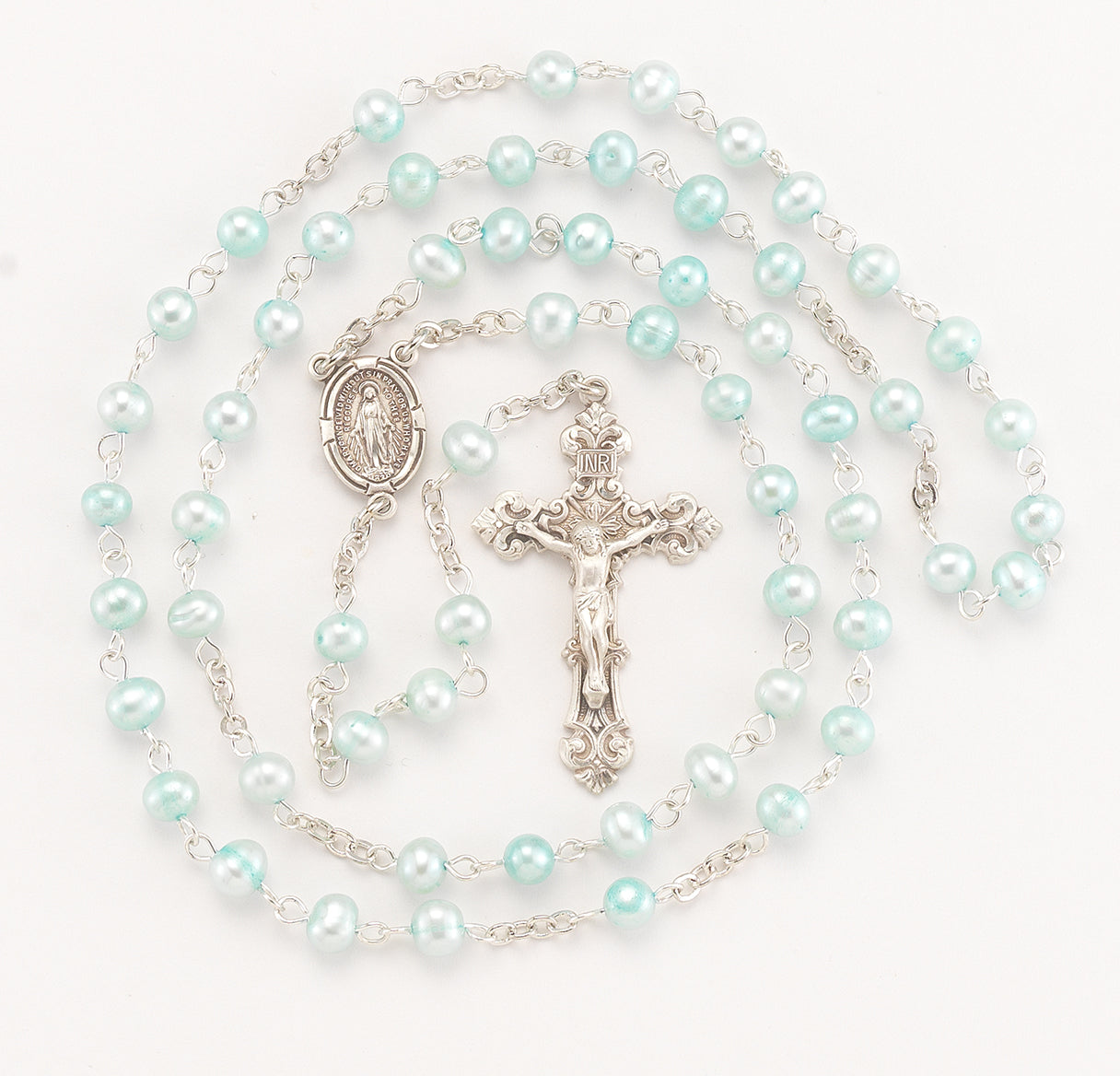 5mm Blue Freshwater Pearl Rosary w/Sterling Silver Ctr & Cfx-(62/153)-Bxd