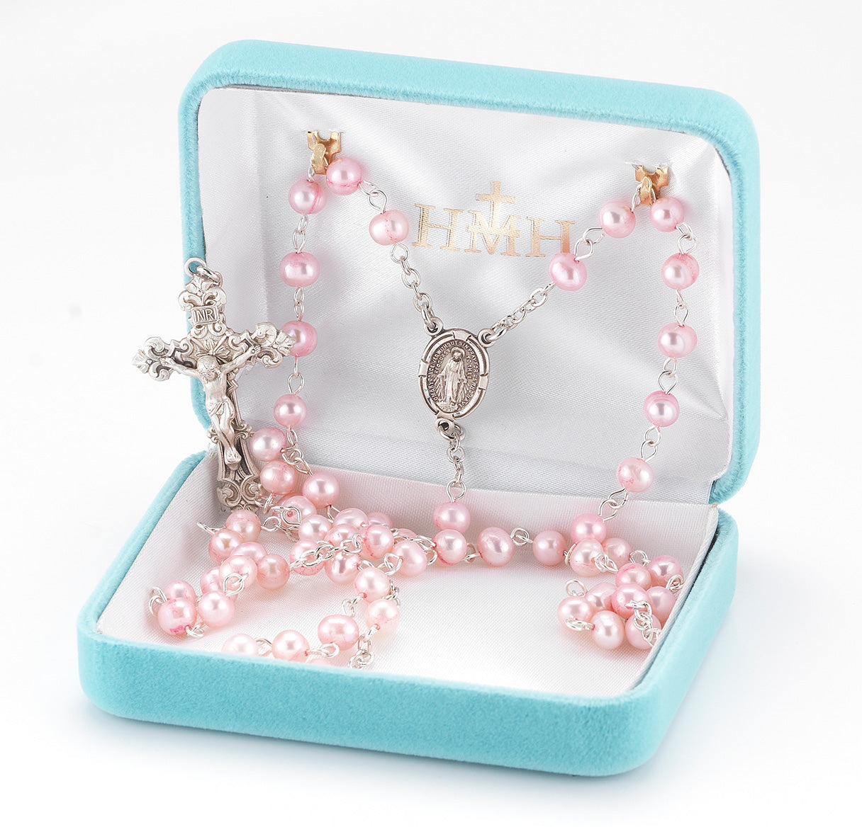 5mm Pink Freshwater Pearl Rosary w/Sterling Sterling Ctr & Cfx-(62/153)-Bxd