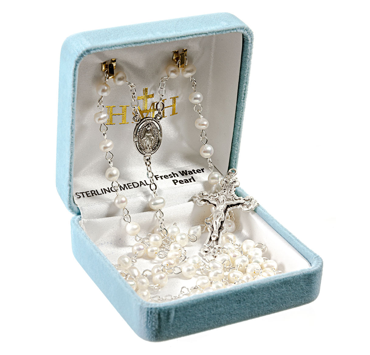 5mm White Freshwater Pearl Rosary w/Sterling Silver Ctr & Cfx-(62/153)-Bxd