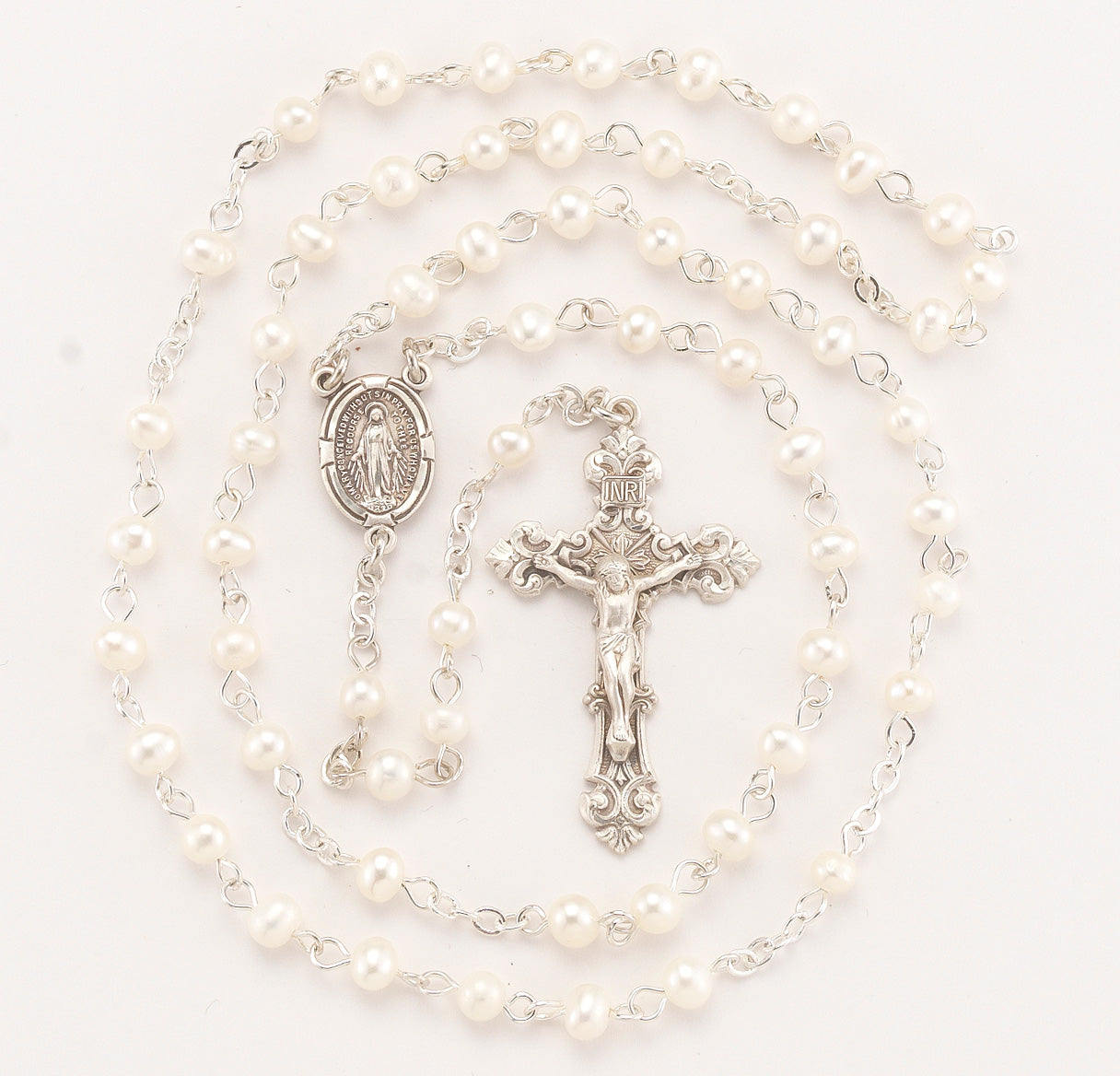 5mm White Freshwater Pearl Rosary w/Sterling Silver Ctr & Cfx-(62/153)-Bxd
