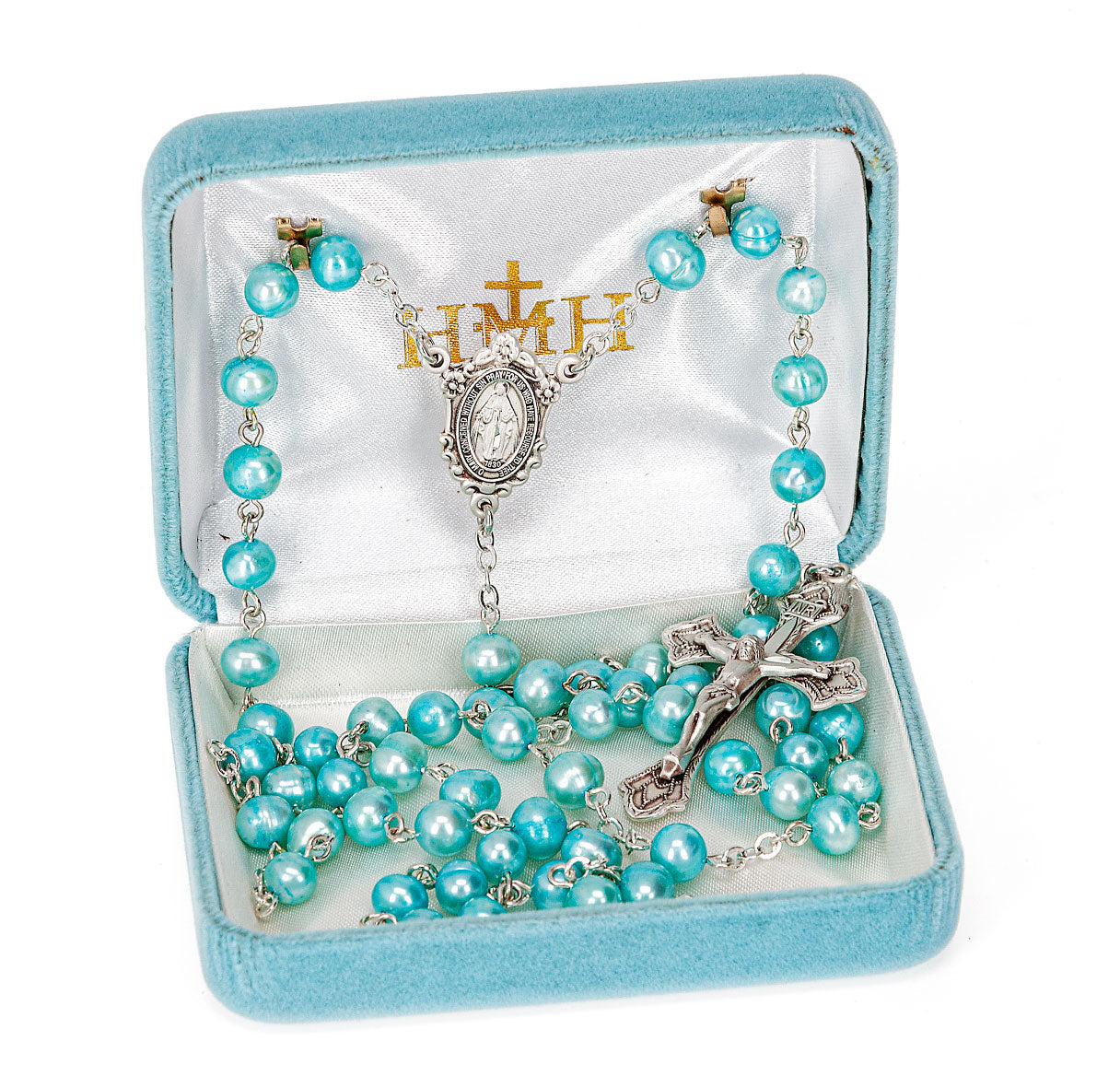 6mm Blue Freshwater Pearl Rosary w/Sterling Silver Ctr & Cfx-(80/117)-Bxd