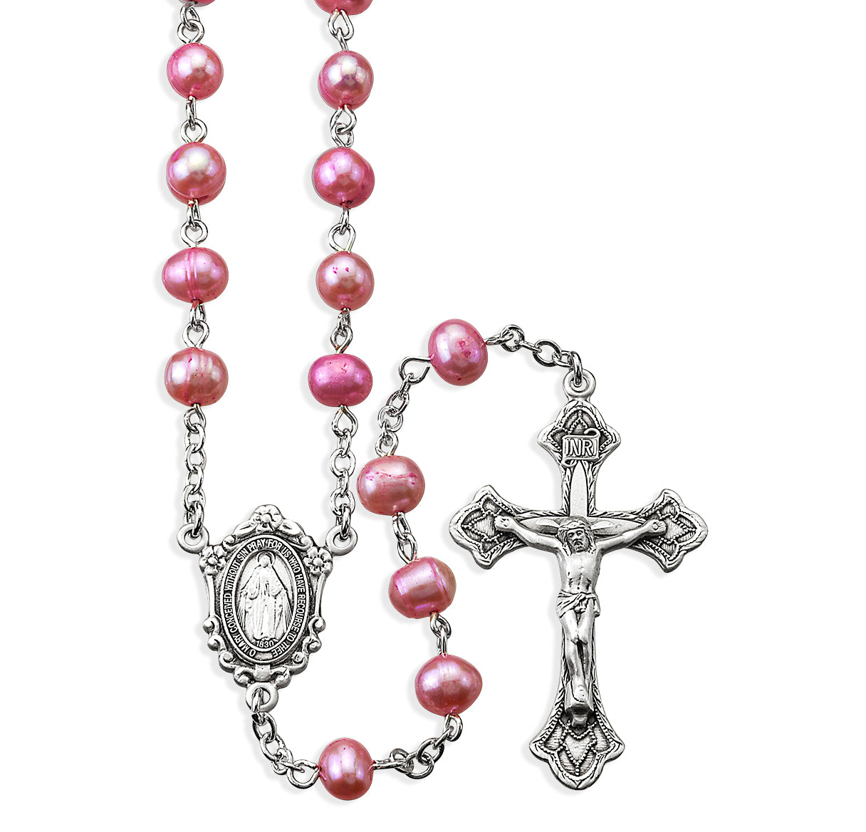 6mm Freshwater Pink Pearl Rosary w/Sterling Silver Ctr & Cfx-(80/117)-Bxd