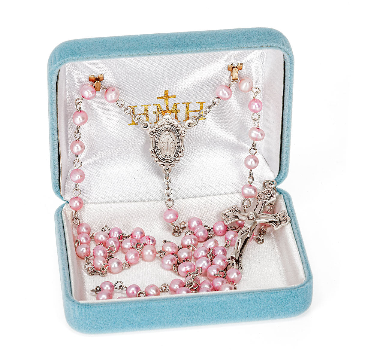 6mm Freshwater Pink Pearl Rosary w/Sterling Silver Ctr & Cfx-(80/117)-Bxd