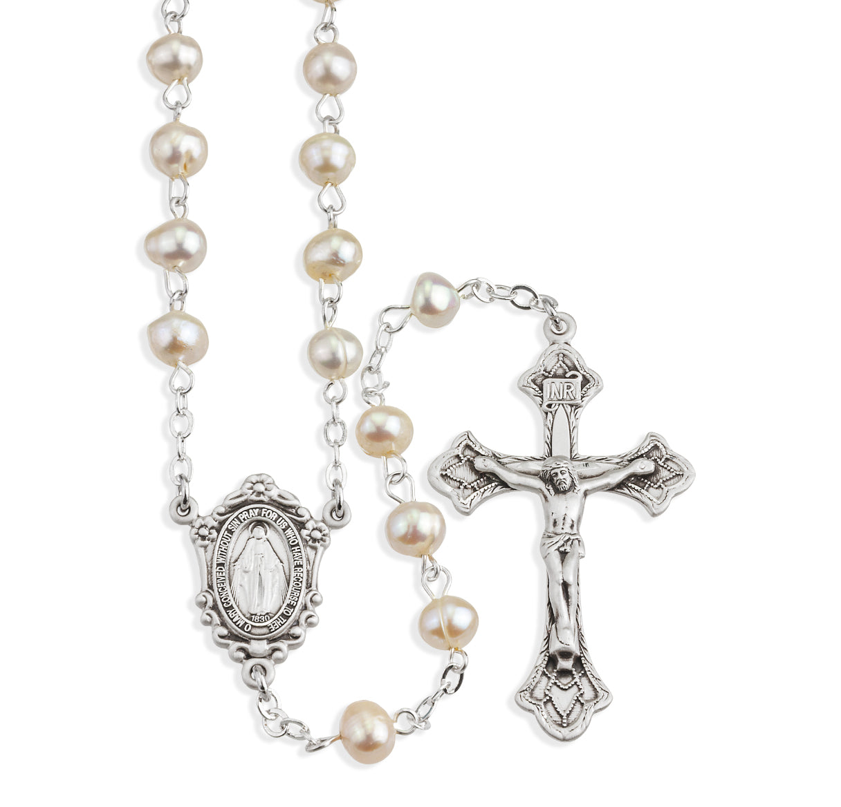 6mm White Freshwater Pearl Rosary w/Sterling Silver Cfx & Ctr(80-117)-Bxd