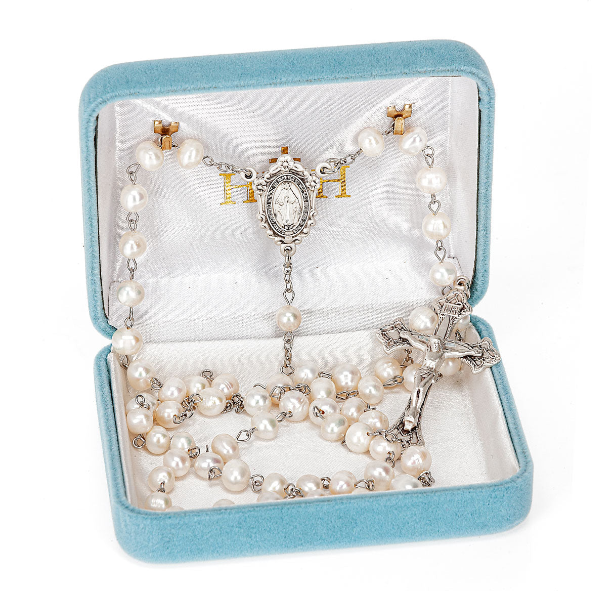 6mm White Freshwater Pearl Rosary w/Sterling Silver Cfx & Ctr(80-117)-Bxd