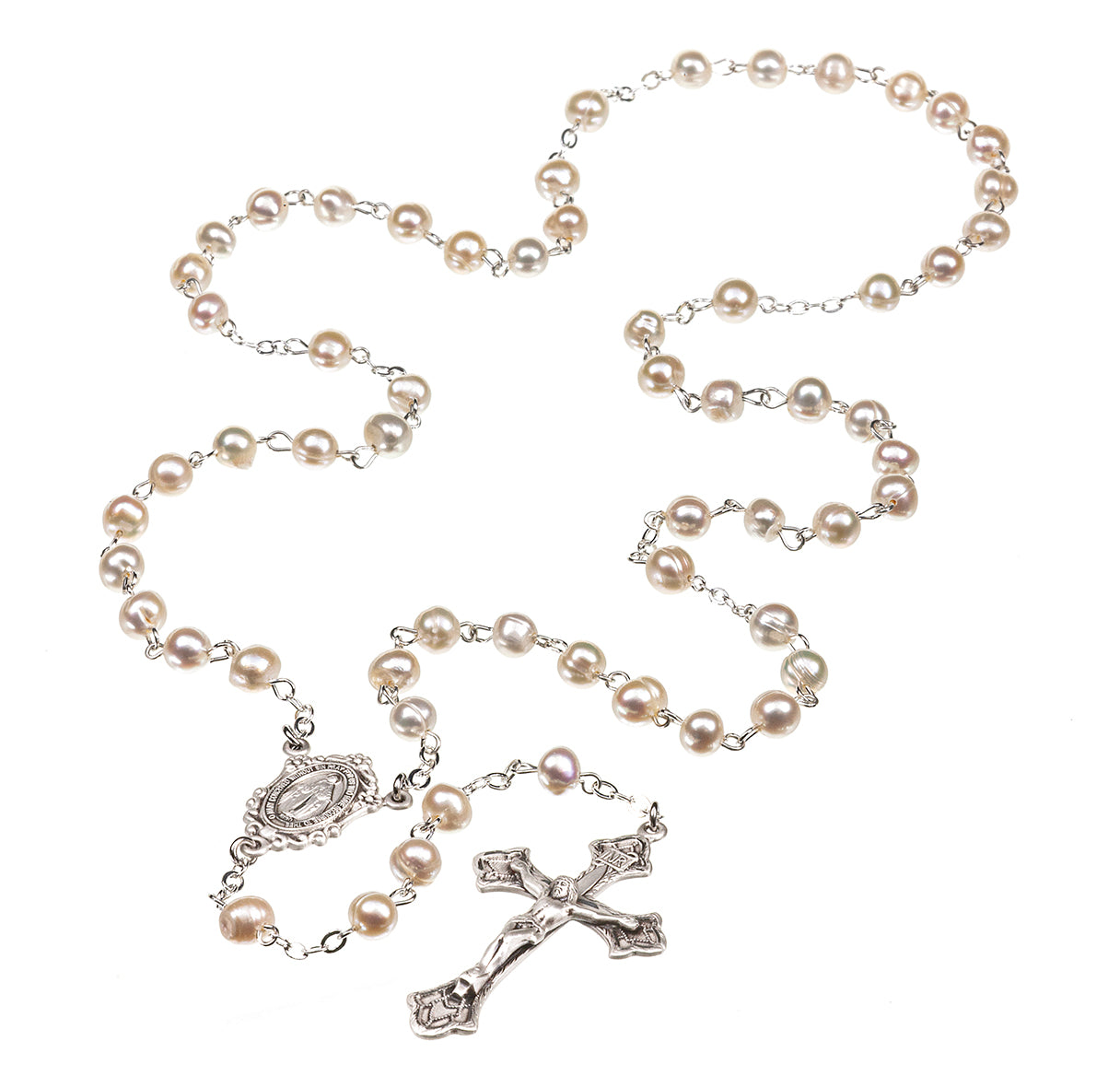 6mm White Freshwater Pearl Rosary w/Sterling Silver Cfx & Ctr(80-117)-Bxd