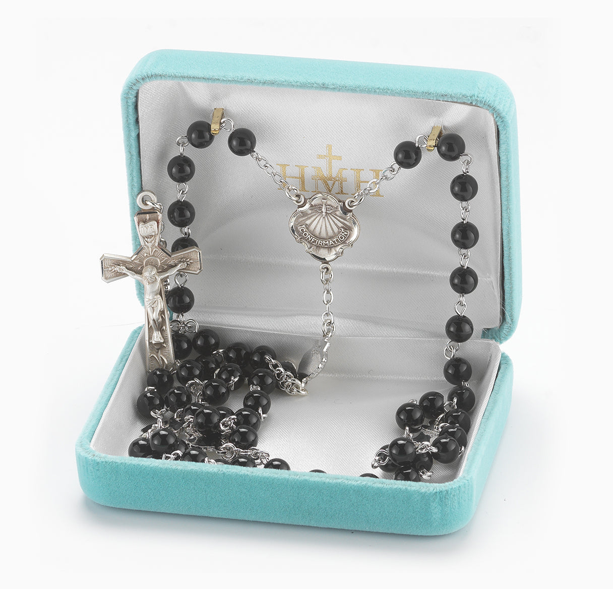 6mm Genuine Onyx Bead RCIA  Rosary w/Sterling Silver Ctr & Cfx-(381/3855) and Pewter Shells(1395)-Bxd