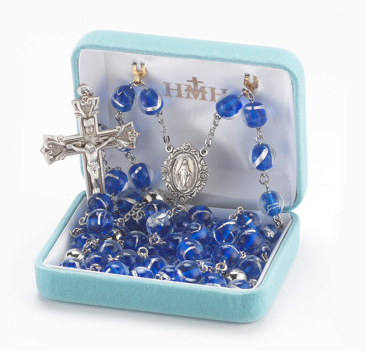 10mm Blue Ventian Glass Bead Rosary w/ 10mm Round Plain Brass O.F. Beads and Sterling Silver Ctr & Cfx-(212/109)-Bxd