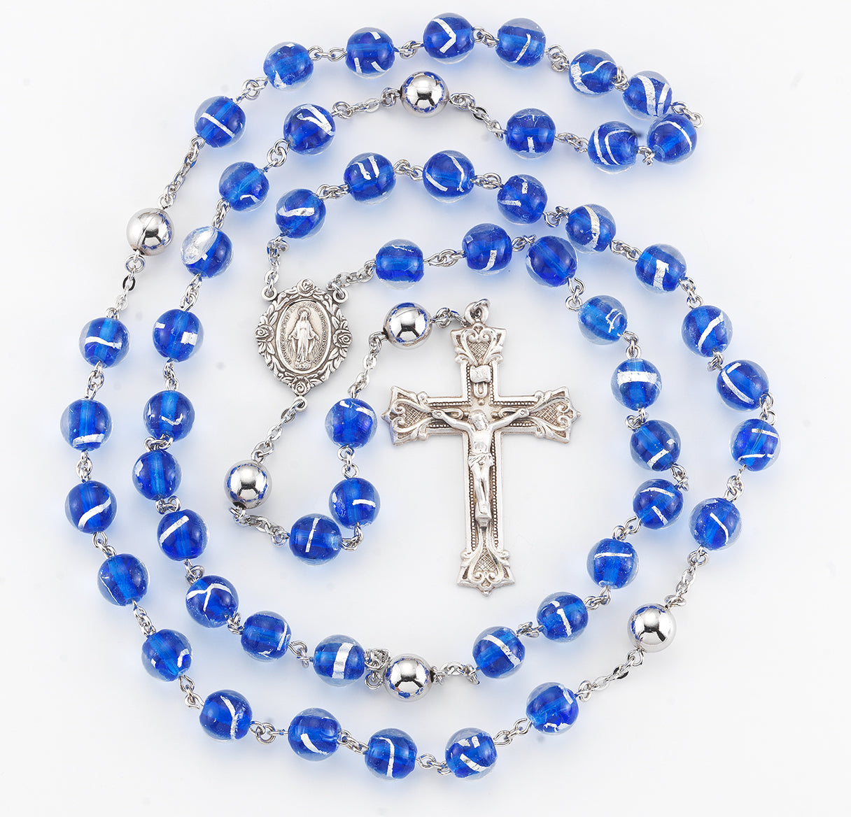 10mm Blue Ventian Glass Bead Rosary w/ 10mm Round Plain Brass O.F. Beads and Sterling Silver Ctr & Cfx-(212/109)-Bxd