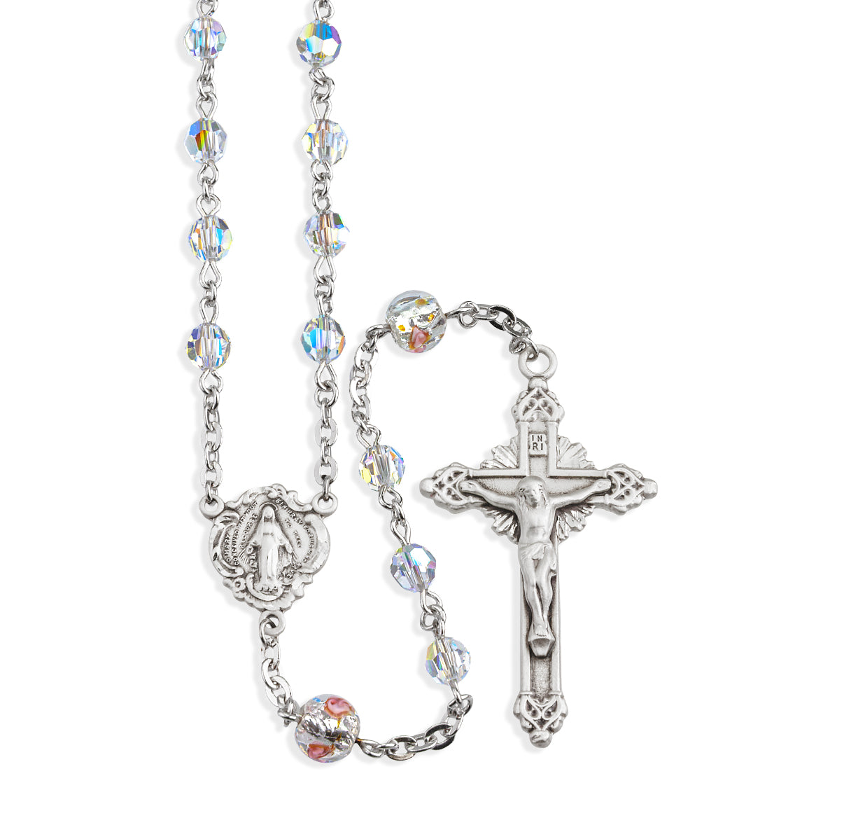 Rosary Sterling Crucifix and Centerpiece Created with Crystals by Swarovski® Austrian Crystal 5mm Aurora Borealis Beads by HMH