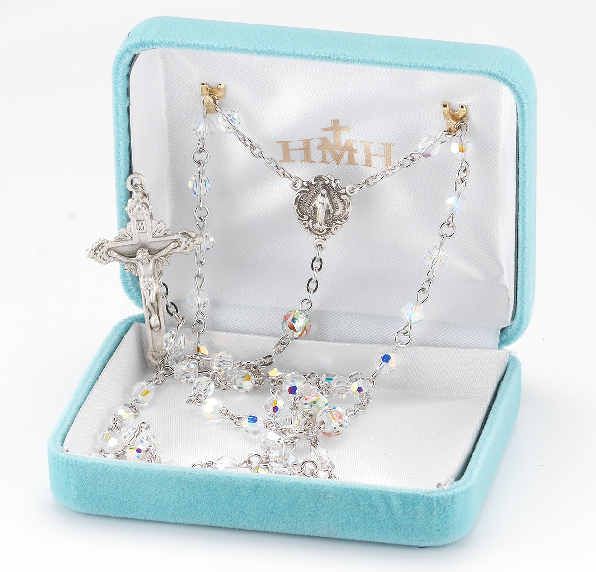 Rosary Sterling Crucifix and Centerpiece Created with Crystals by Swarovski® Austrian Crystal 5mm Aurora Borealis Beads by HMH