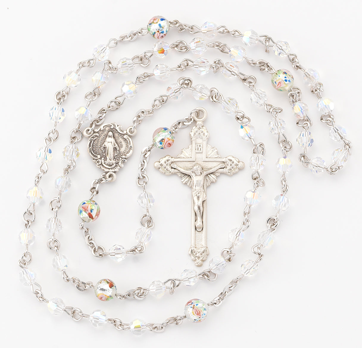 Rosary Sterling Crucifix and Centerpiece Created with Crystals by Swarovski® Austrian Crystal 5mm Aurora Borealis Beads by HMH