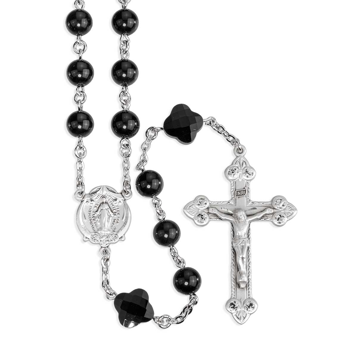 8mm Genuine Obsidian Bead Rosary with Cross Pater O.F. Beads & Sterling Ctr & Cfx-(82/186)-Bxd