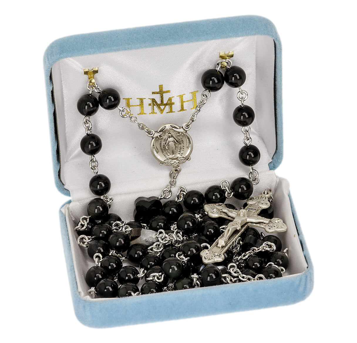 8mm Genuine Obsidian Bead Rosary with Cross Pater O.F. Beads & Sterling Ctr & Cfx-(82/186)-Bxd