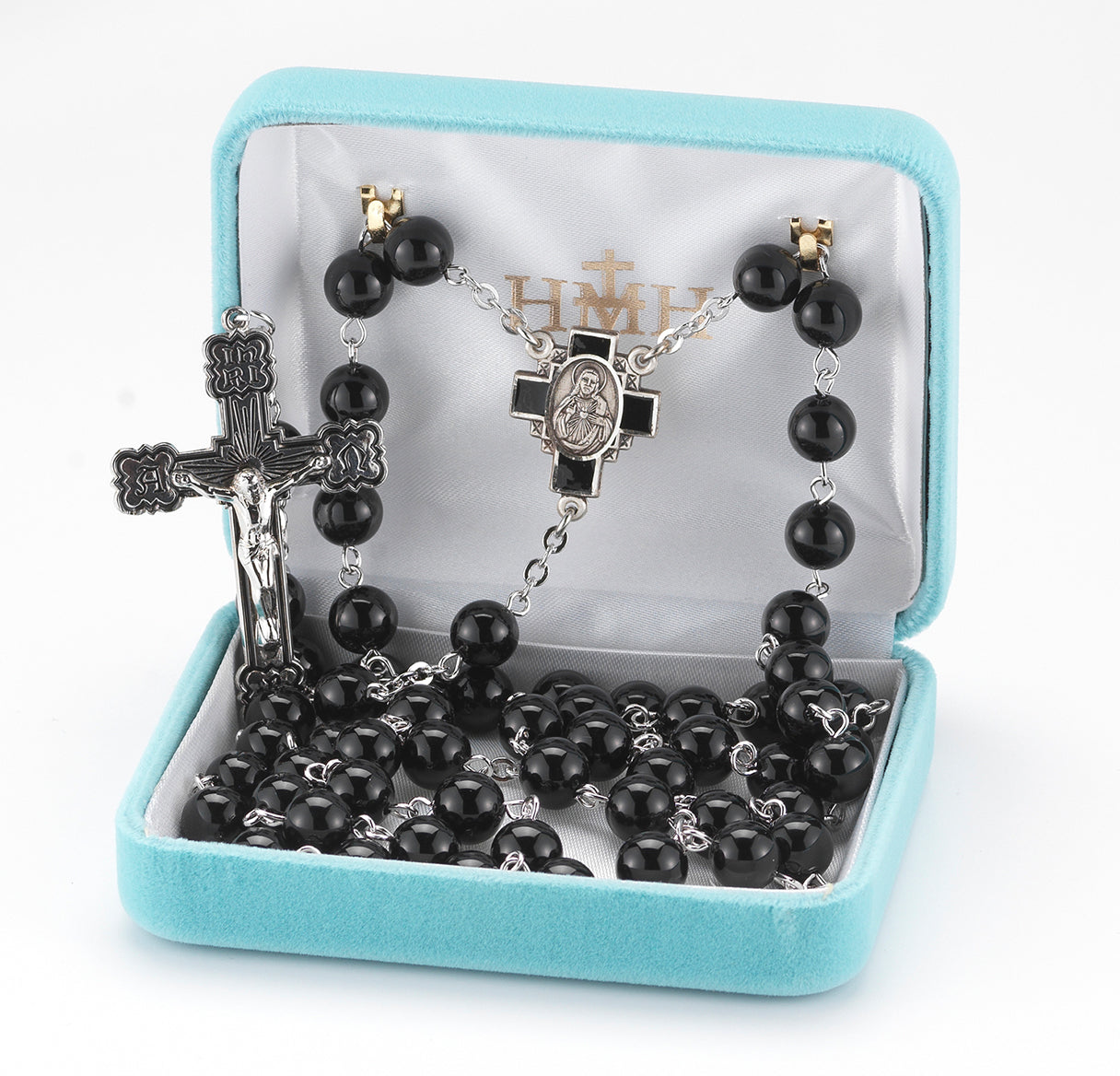 8mm Round Onyx Bead Rosary with Sterling Silver Ctr & Cfx-(45BK/104E)-Bxd