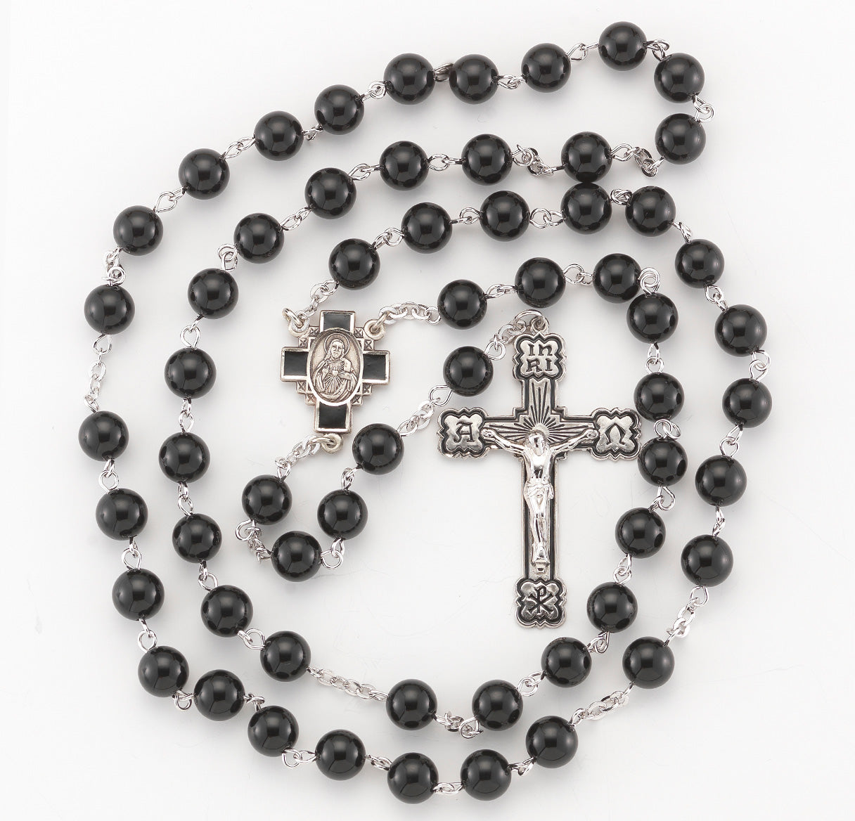 8mm Round Onyx Bead Rosary with Sterling Silver Ctr & Cfx-(45BK/104E)-Bxd