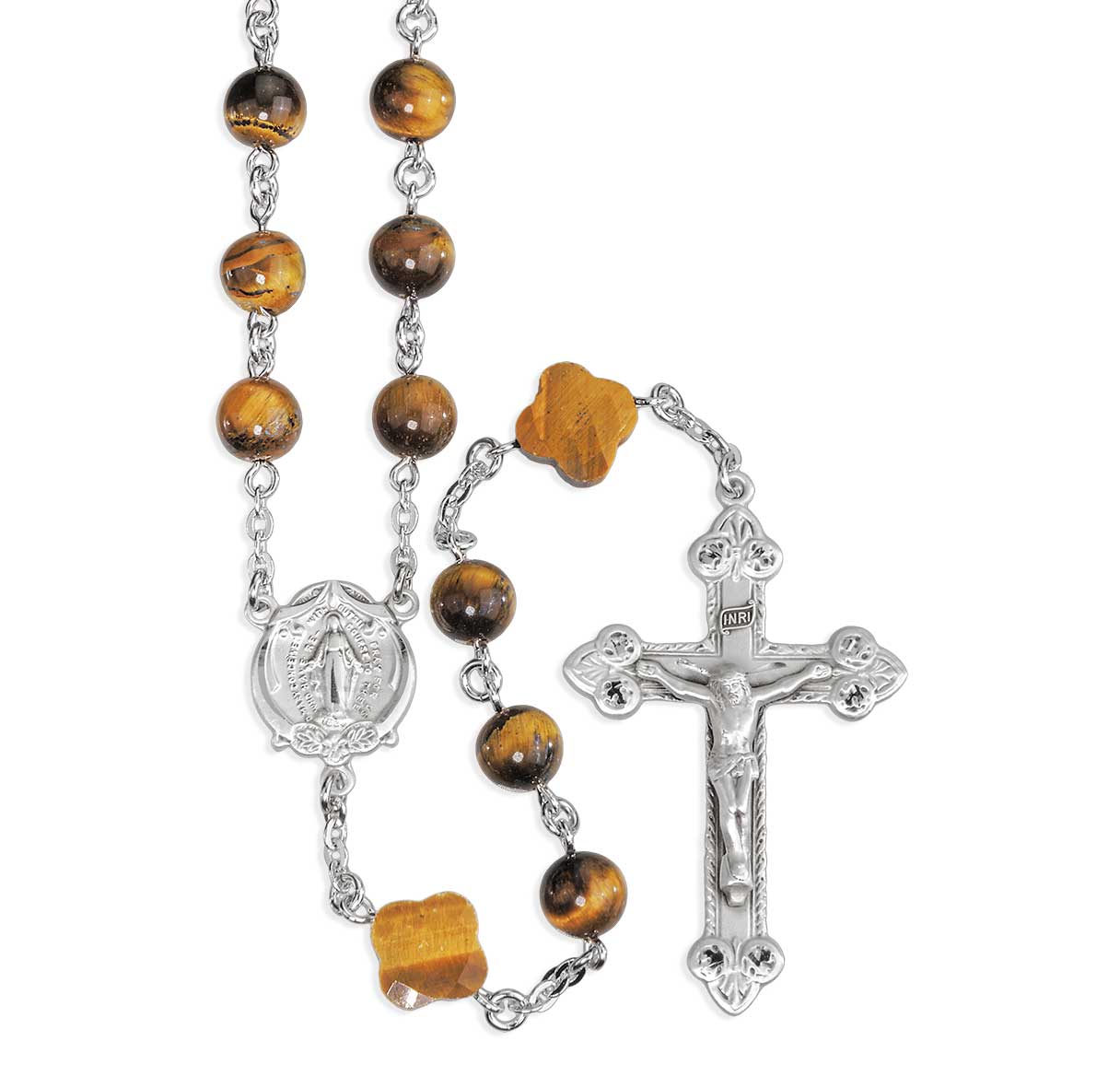 8mm Genuine Tigereye Bead Rosary with Cross Pater O.F. Beads & Sterling Ctr & Cfx-(82/186)-Bxd