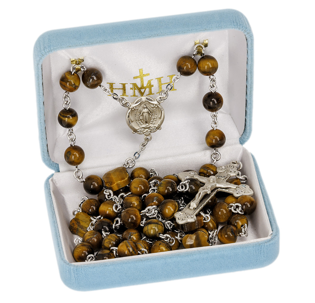 8mm Genuine Tigereye Bead Rosary with Cross Pater O.F. Beads & Sterling Ctr & Cfx-(82/186)-Bxd