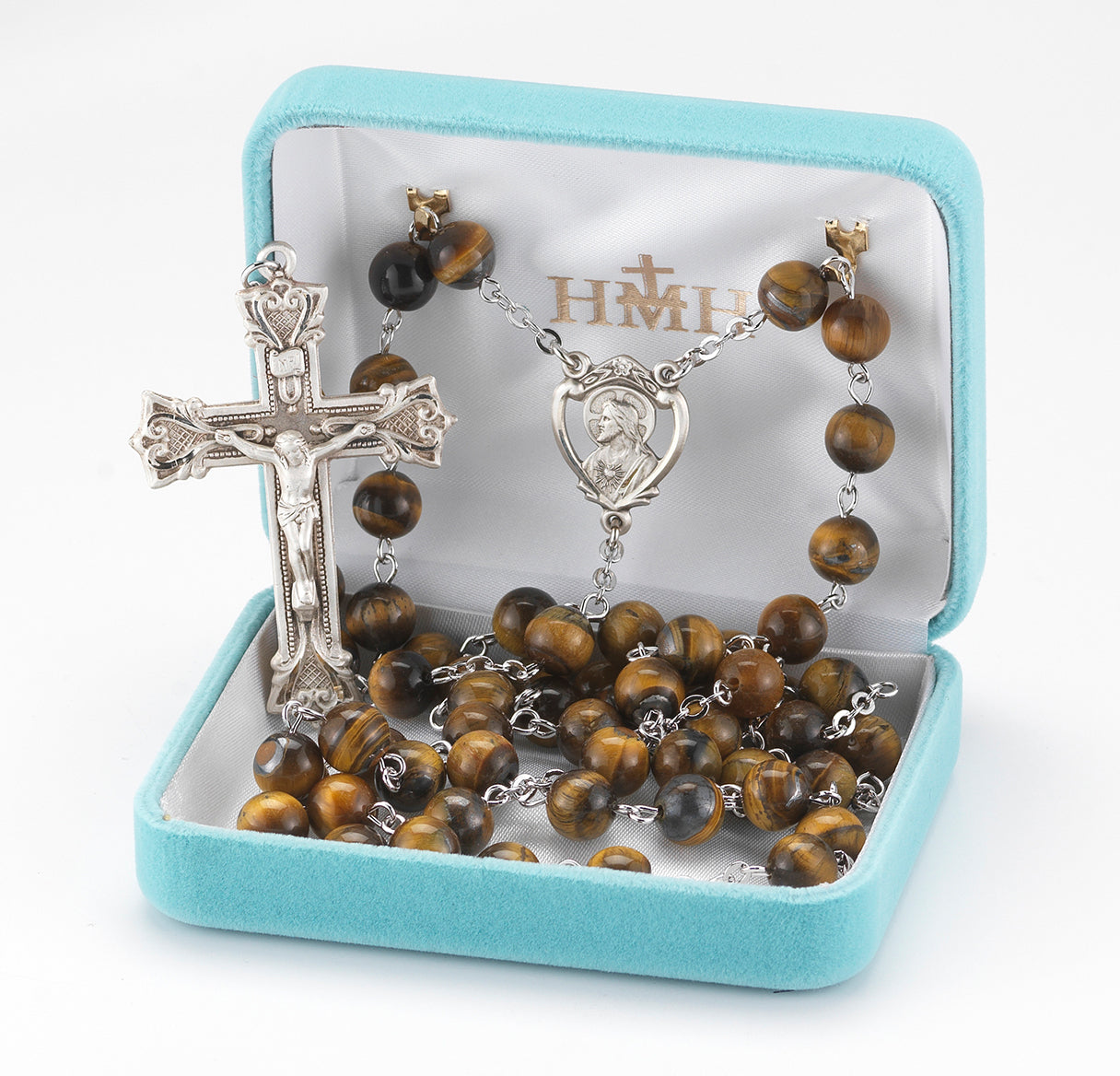 8mm Round Tiger Eye Bead Rosary with Sterling Silver Ctr & Cfx-(30/171)-Bxd