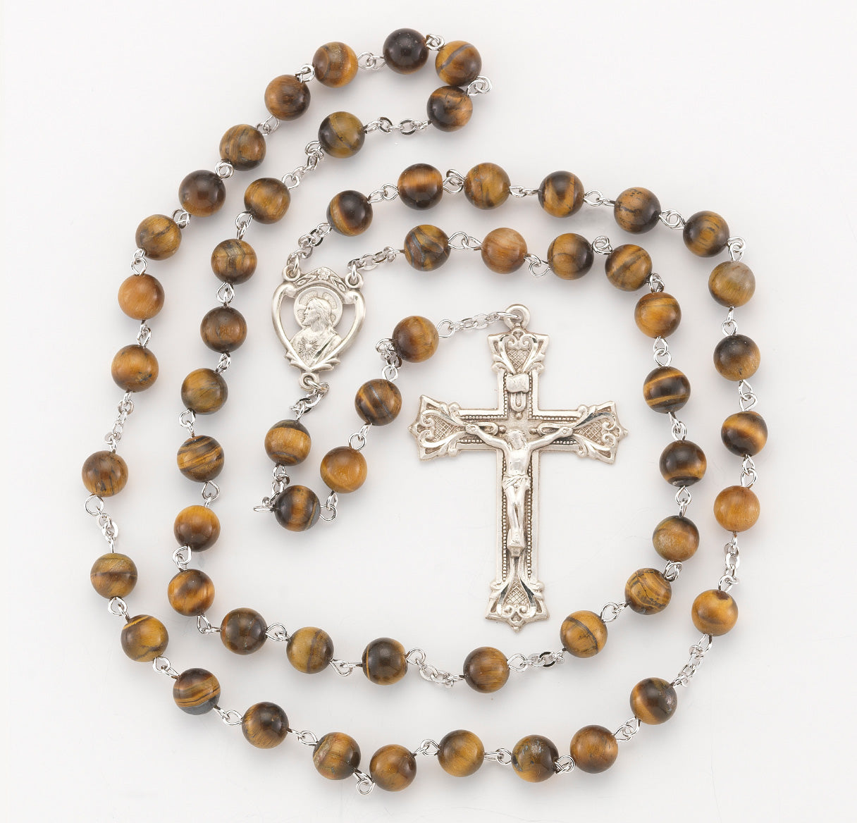 8mm Round Tiger Eye Bead Rosary with Sterling Silver Ctr & Cfx-(30/171)-Bxd