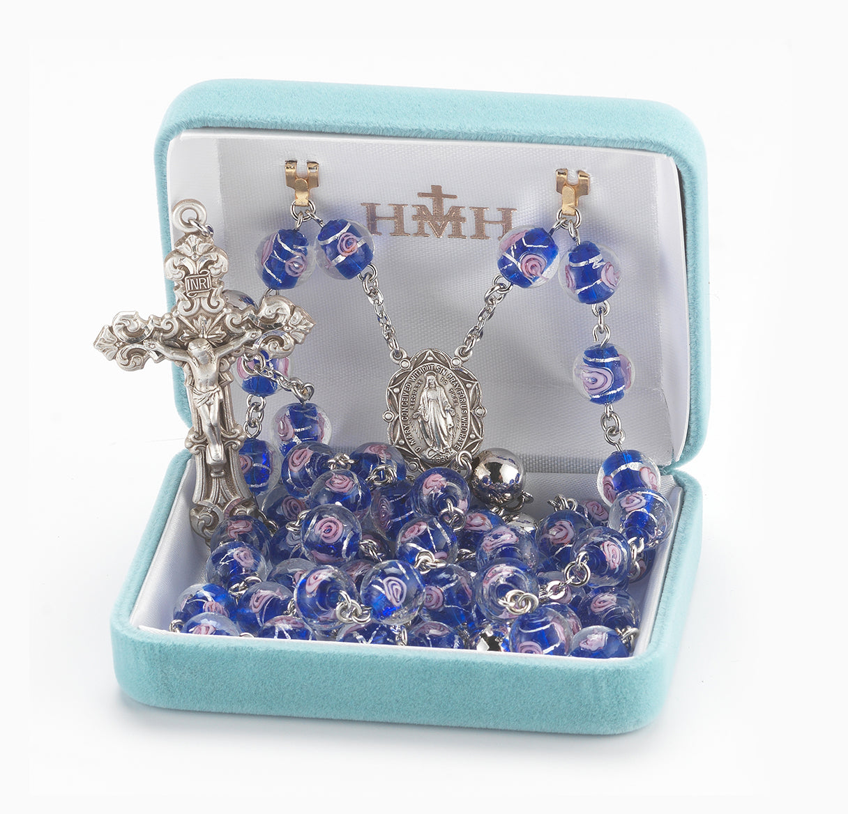 10mm Pink Rose Embedded Ventian Style Glass Bead Rosary with 10mm Plain O. F. Beads and Sterling Silver Ctr & Cfx-95/157)-Bxd