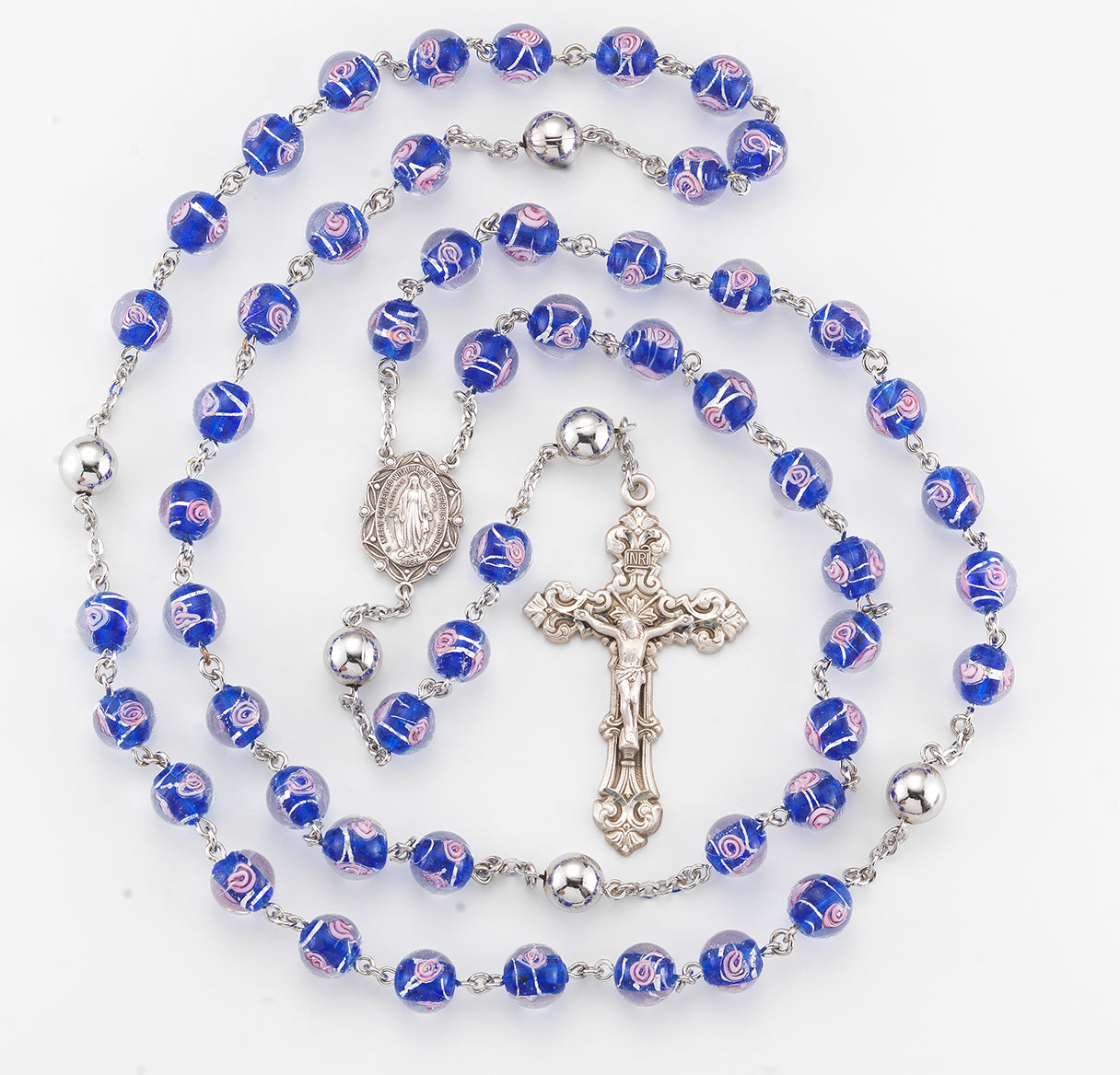 10mm Pink Rose Embedded Ventian Style Glass Bead Rosary with 10mm Plain O. F. Beads and Sterling Silver Ctr & Cfx-95/157)-Bxd
