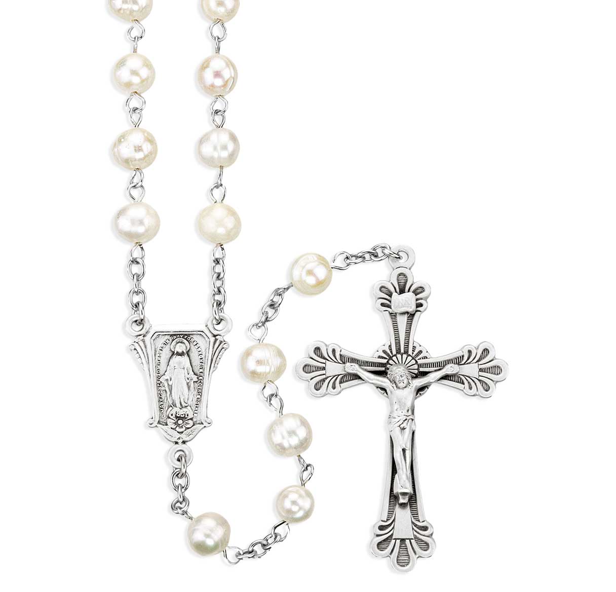 8mm Freshwater Pearl Rosary W/Sterling Silver Center & Crucifix