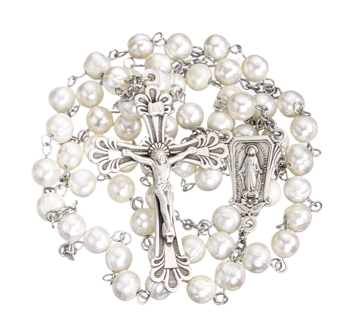 8mm Freshwater Pearl Rosary W/Sterling Silver Center & Crucifix