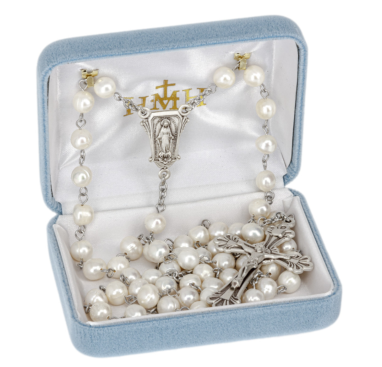 8mm Freshwater Pearl Rosary W/Sterling Silver Center & Crucifix