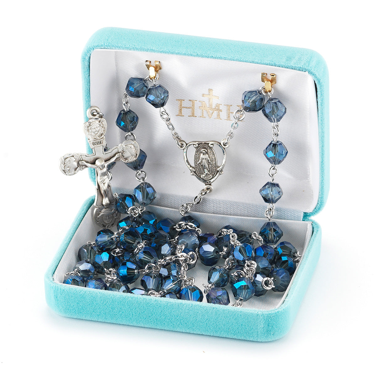8mm Metallic Sapphire Tin Cut Crystal Bead Rosary with Sterling Silver Ctr & Cfx-(210/190)-Bxd