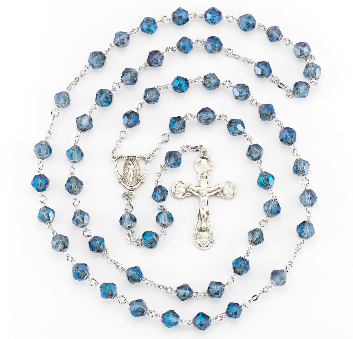 8mm Metallic Sapphire Tin Cut Crystal Bead Rosary with Sterling Silver Ctr & Cfx-(210/190)-Bxd