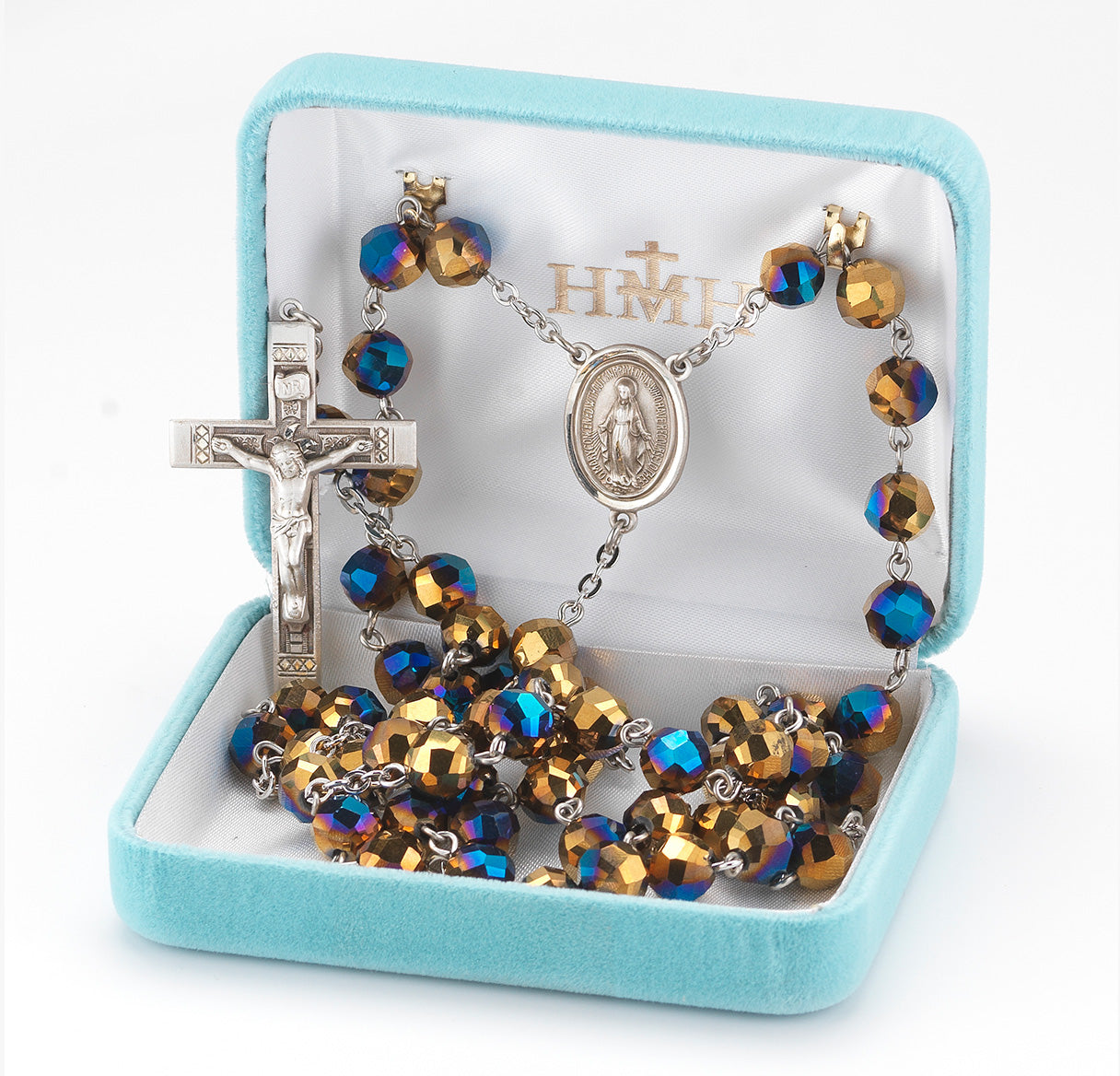 8mm Metalic Gold Tin Cut Crystal Bead Rosary with Sterling Silver Ctr & Cfx-(30/184)-Bxd
