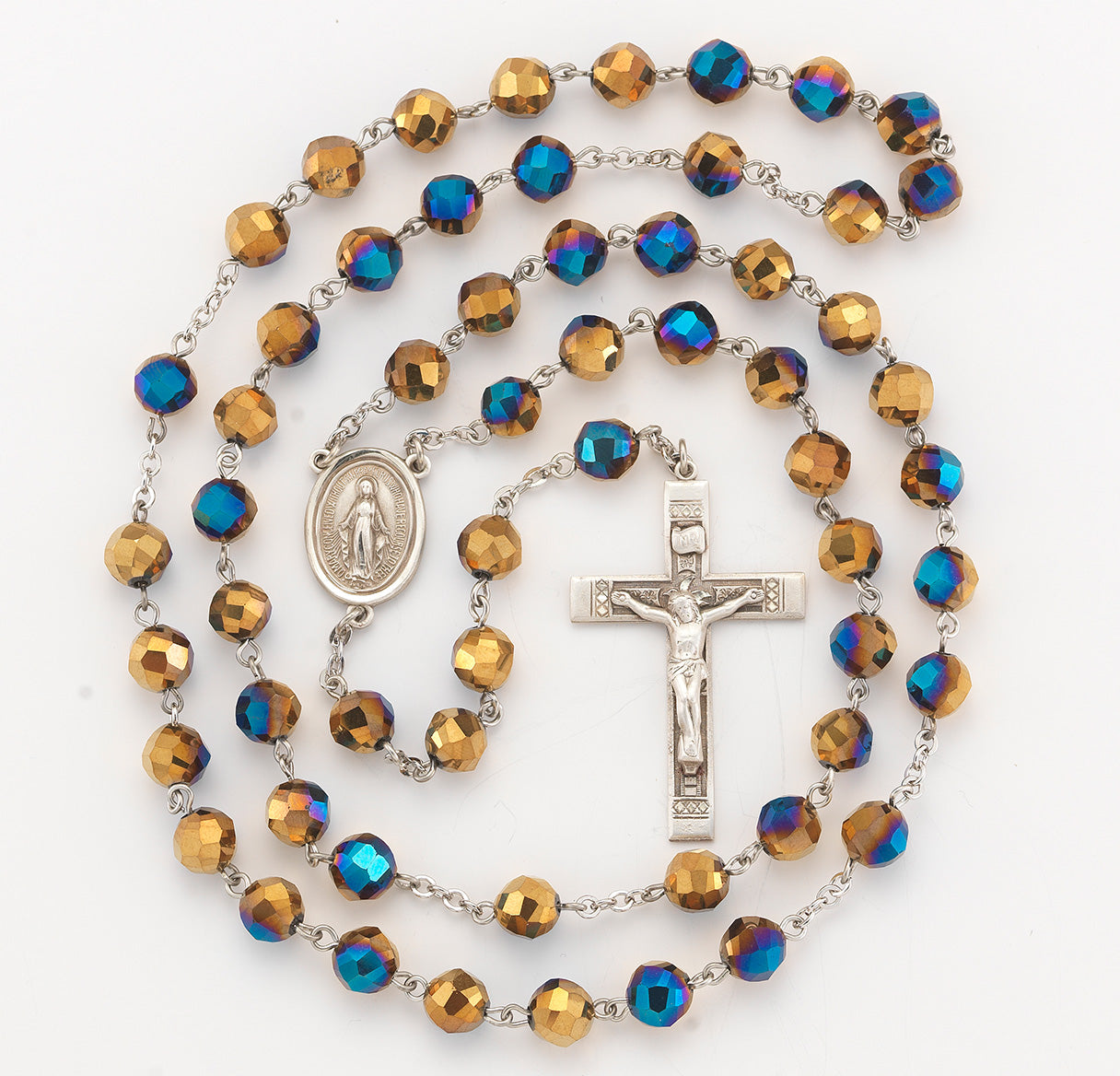 8mm Metalic Gold Tin Cut Crystal Bead Rosary with Sterling Silver Ctr & Cfx-(30/184)-Bxd