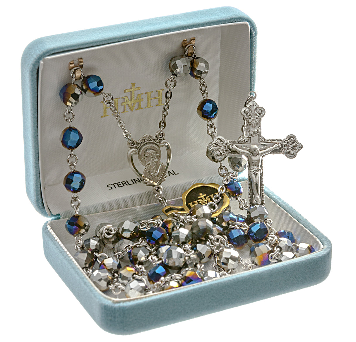 8mm Metallic Silver Tin Cut Crystal Bead Rosary with Sterling Silver Ctr & Cfx-(52/105)-Bxd..