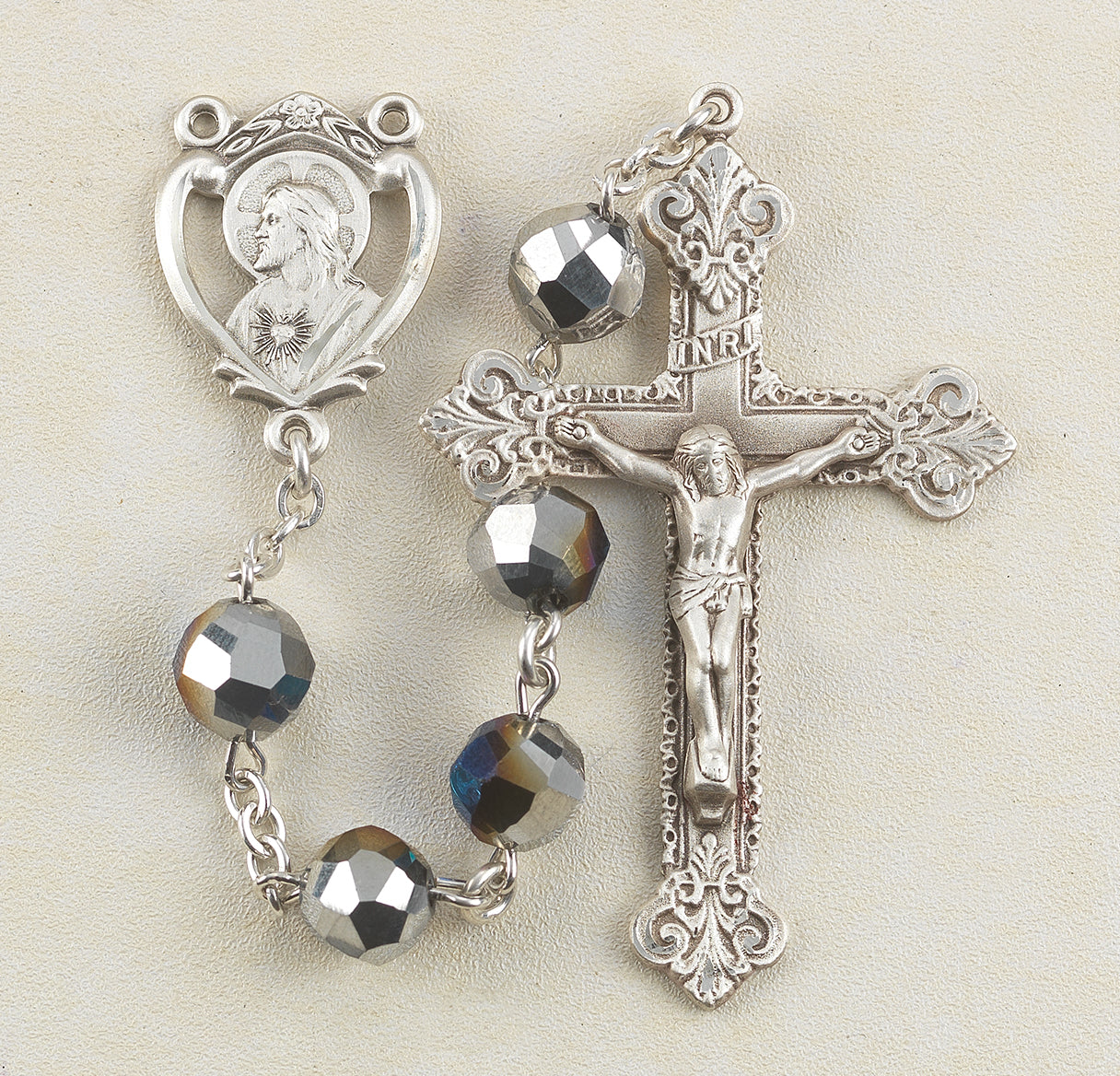 8mm Metallic Silver Tin Cut Crystal Bead Rosary with Sterling Silver Ctr & Cfx-(52/105)-Bxd..