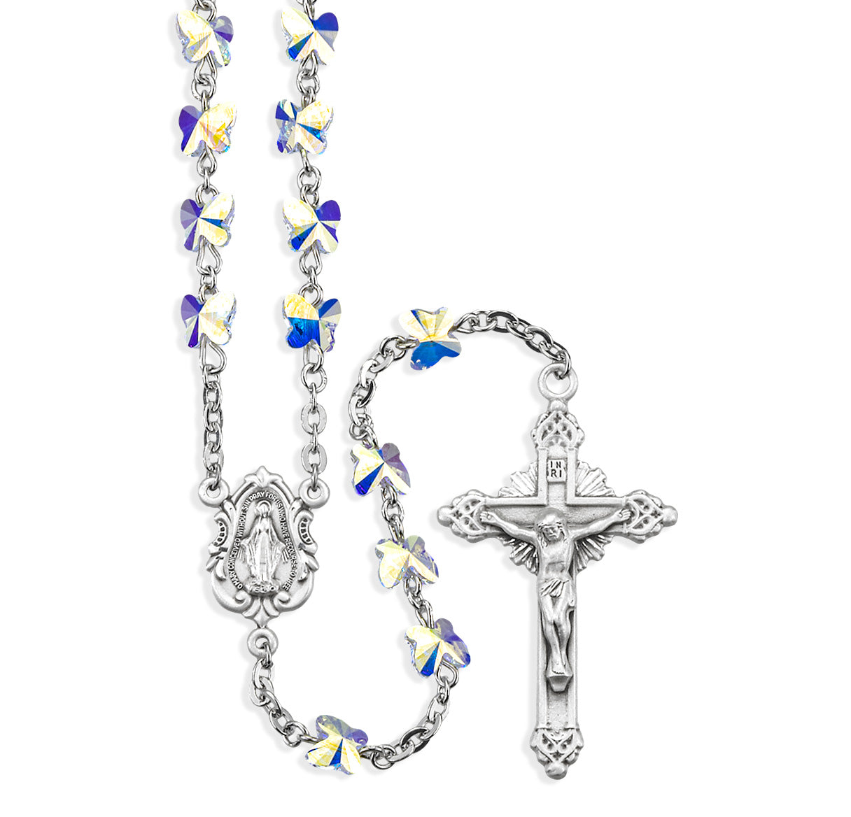 Rosary Sterling Crucifix and Centerpiece Created with Crystals by Swarovski® Austrian Crystal 6mm Butterfly Beads in Aurora Borealis by HMH