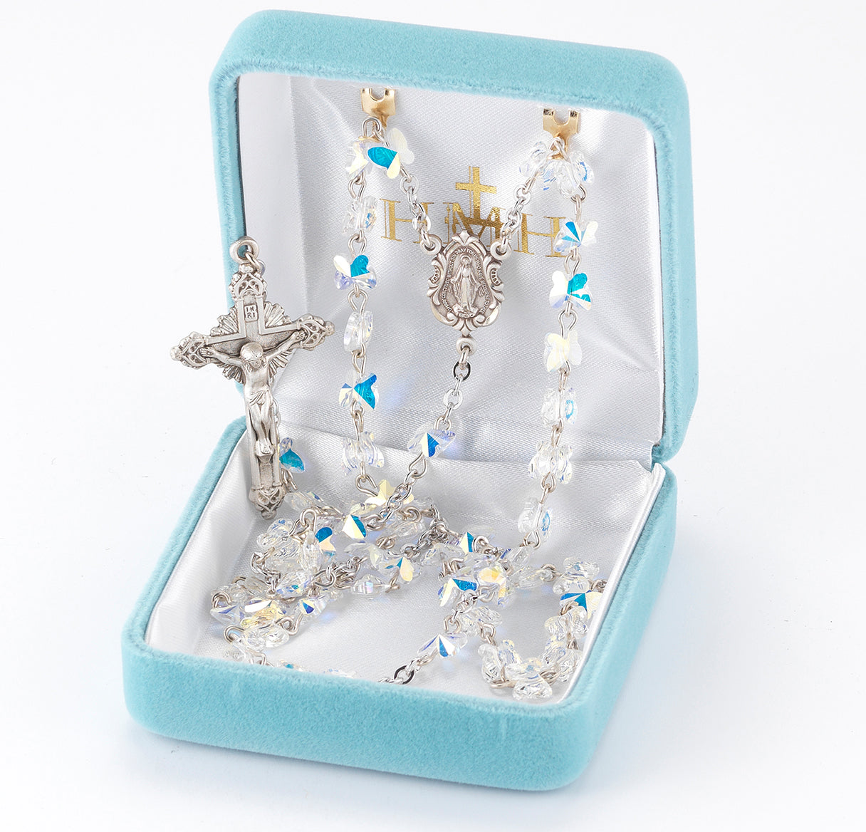 Rosary Sterling Crucifix and Centerpiece Created with Crystals by Swarovski® Austrian Crystal 6mm Butterfly Beads in Aurora Borealis by HMH