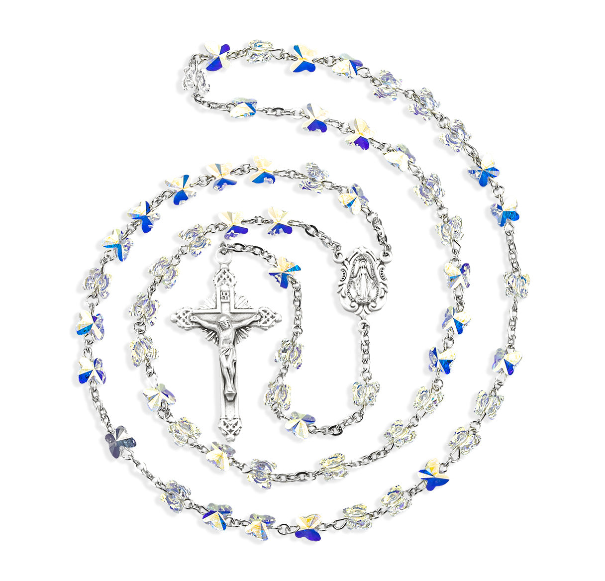 Rosary Sterling Crucifix and Centerpiece Created with Crystals by Swarovski® Austrian Crystal 6mm Butterfly Beads in Aurora Borealis by HMH