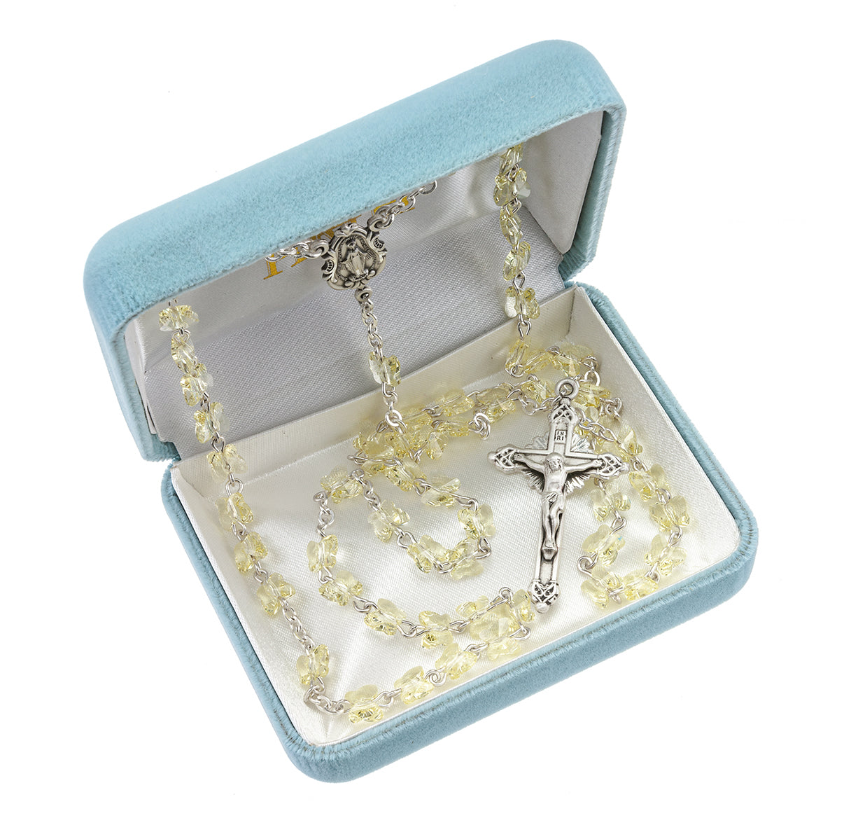 6mm Finest Jonquil Crystal All Sterling Silver Butterfly Rosary W/ Sterling Silver Cfx & Ctr-(05/195)-Bxd