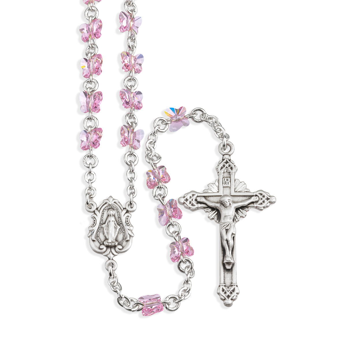Rosary Sterling Crucifix and Centerpiece Created with finest Austrian Crystal 6mm Butterfly Beads in Light Rose by HMH
