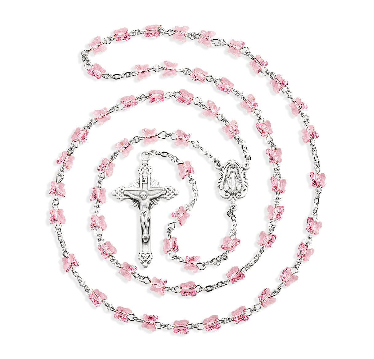 Rosary Sterling Crucifix and Centerpiece Created with finest Austrian Crystal 6mm Butterfly Beads in Light Rose by HMH