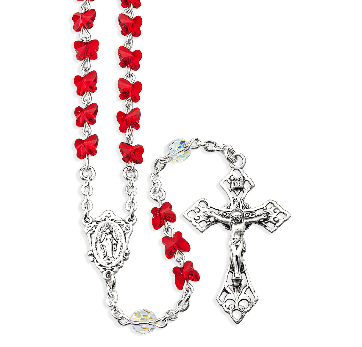 6mm Finest Ruby Crystal All Sterling Silver Butterfly Rosary W/ Sterling Silver Cfx & Ctr-(88/135)-Bxd
