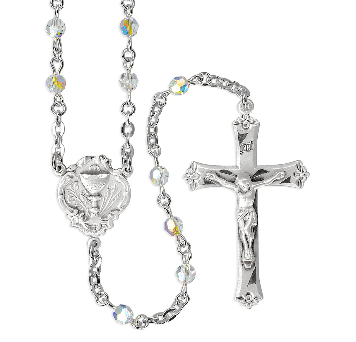 4mm Finest Crystal First Holy Communion Rosary W/ Sterling Cfx & Ctr-(04/177)-Bxd
