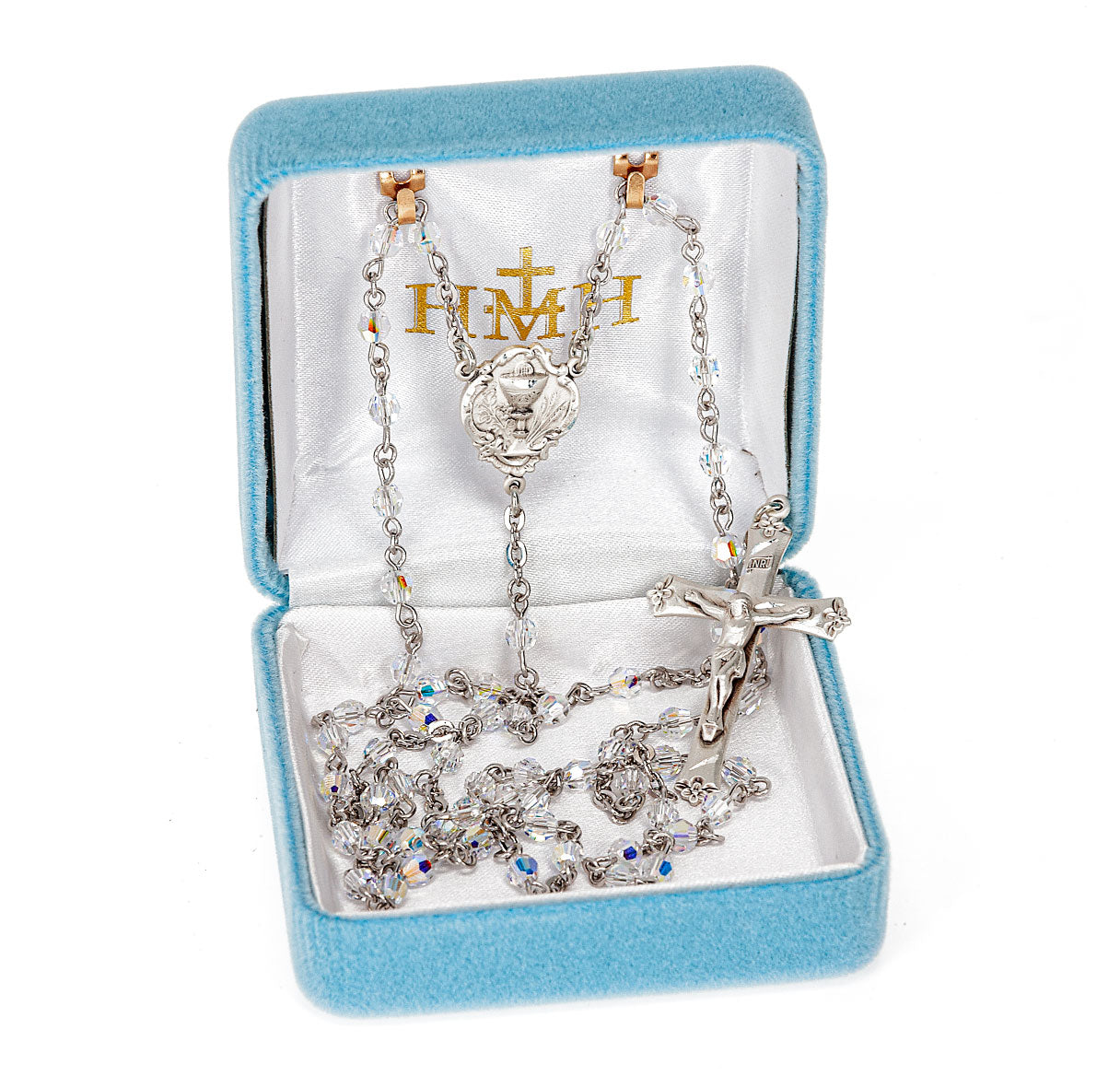 4mm Finest Crystal First Holy Communion Rosary W/ Sterling Cfx & Ctr-(04/177)-Bxd