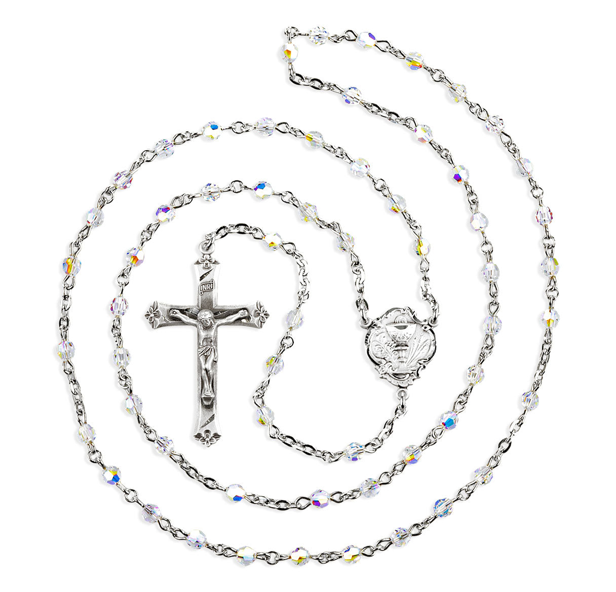 4mm Finest Crystal First Holy Communion Rosary W/ Sterling Cfx & Ctr-(04/177)-Bxd