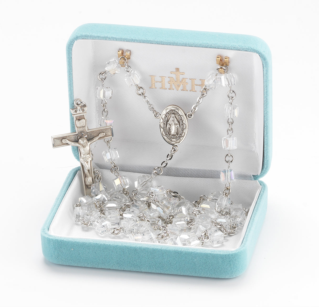 6mm Crystal Faceted Crystal Cube Bead Rosary with 7mm O.F. beads and a Sterling Silver Cfx & Ctr (3100,1802)-Bxd