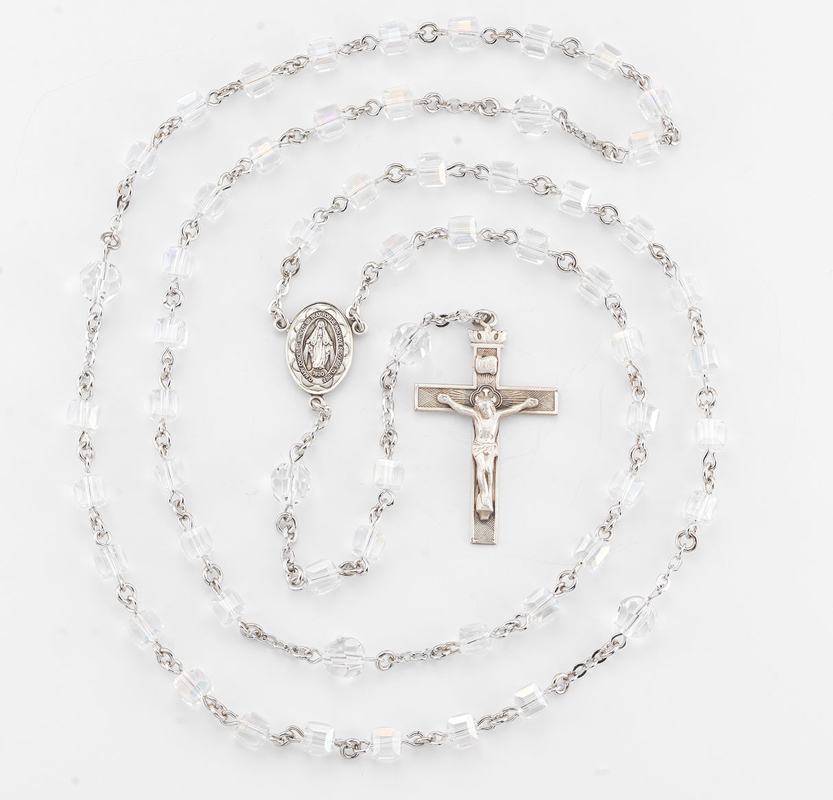 6mm Crystal Faceted Crystal Cube Bead Rosary with 7mm O.F. beads and a Sterling Silver Cfx & Ctr (3100,1802)-Bxd
