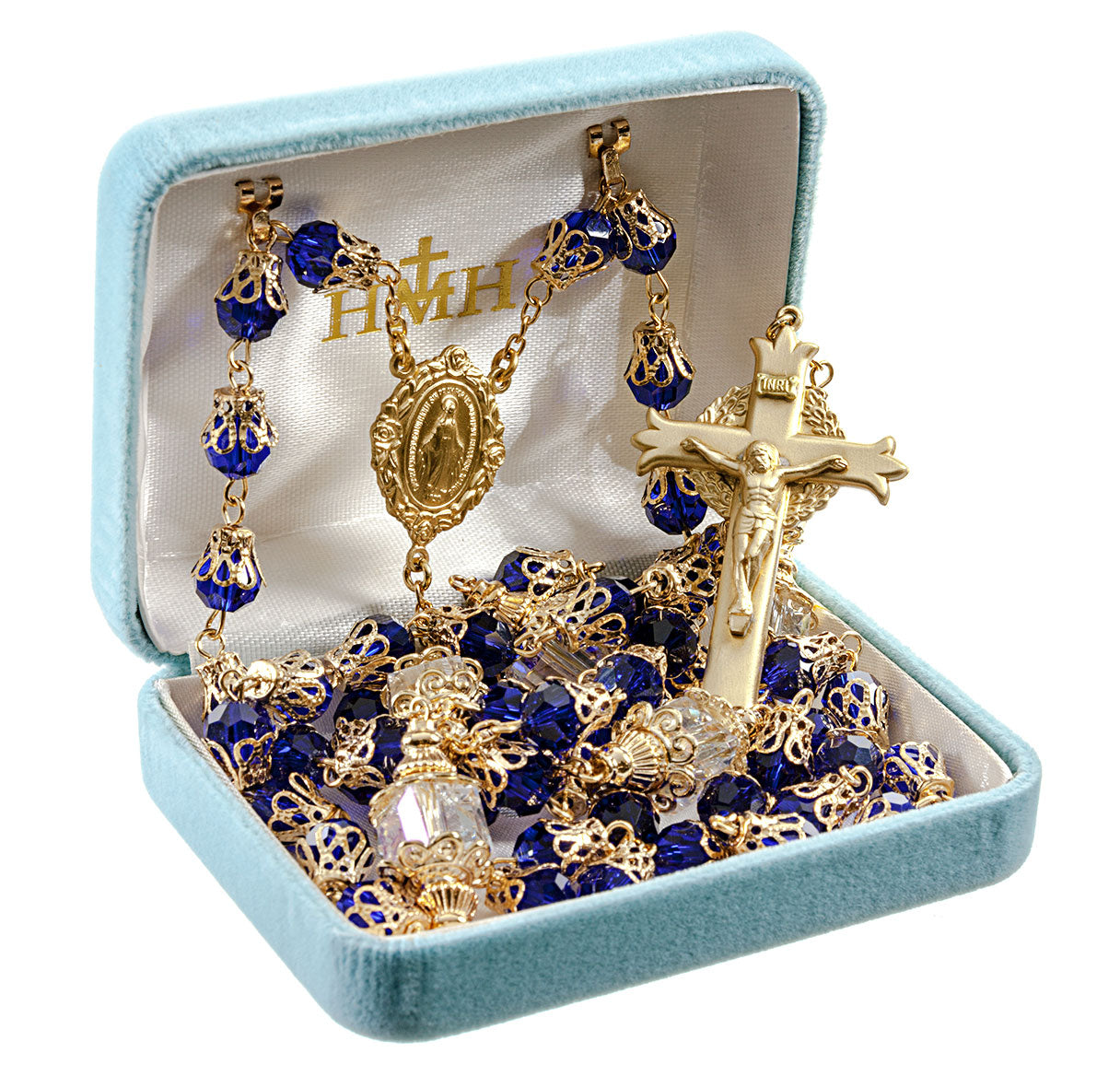 8mm Cobalt Blue Faceted Glass Bead Rosary with 12mm  Double Capped O.F. Beads a Solid Brass Crucifix and Center