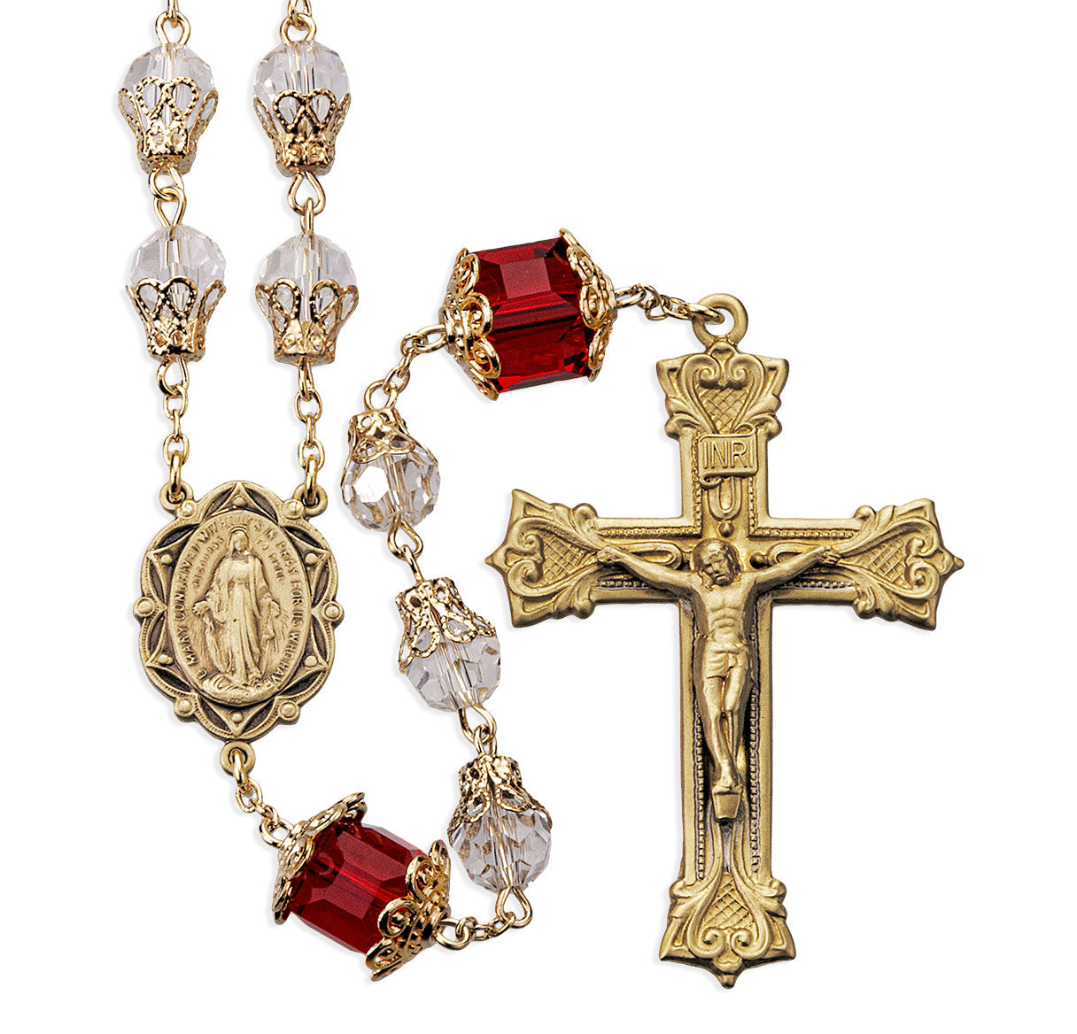 8mm Clear Faceted Glass Tulip Capped Rosary W/ Red Cubed Capped O.F. Bead and Solid Brass Cfx & Ctr (B95/B109)-Bxd