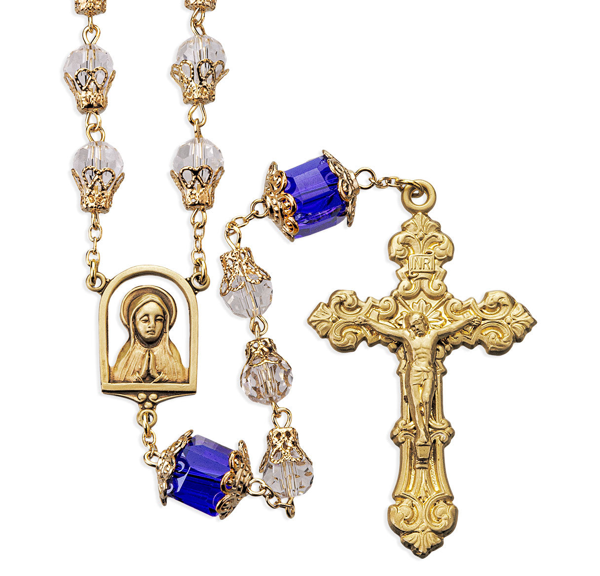 8mm Clear Faceted Glass Tulip Capped Rosary W/ Sapphire Cubed Capped O.F. Bead and Solid Brass Cfx & Ctr (B38/B157)-Bxd